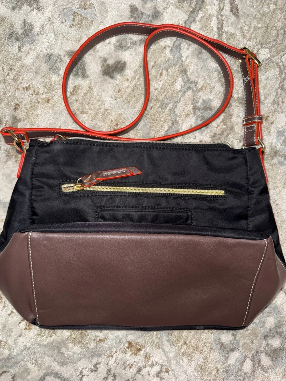 Stone Mountain Black Crossbody Bag with Red-orange and gold Trim Accents. New!